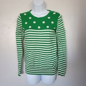 Gap Green and White Sweater Polka Dot Stripes Small 10% Silk Long Sleeve Top